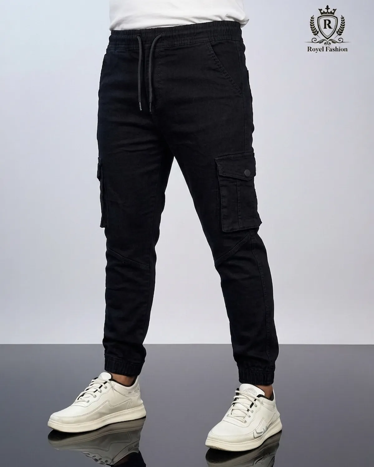Men’s Premium Knit Denim Cargo Joggers Pant dark black