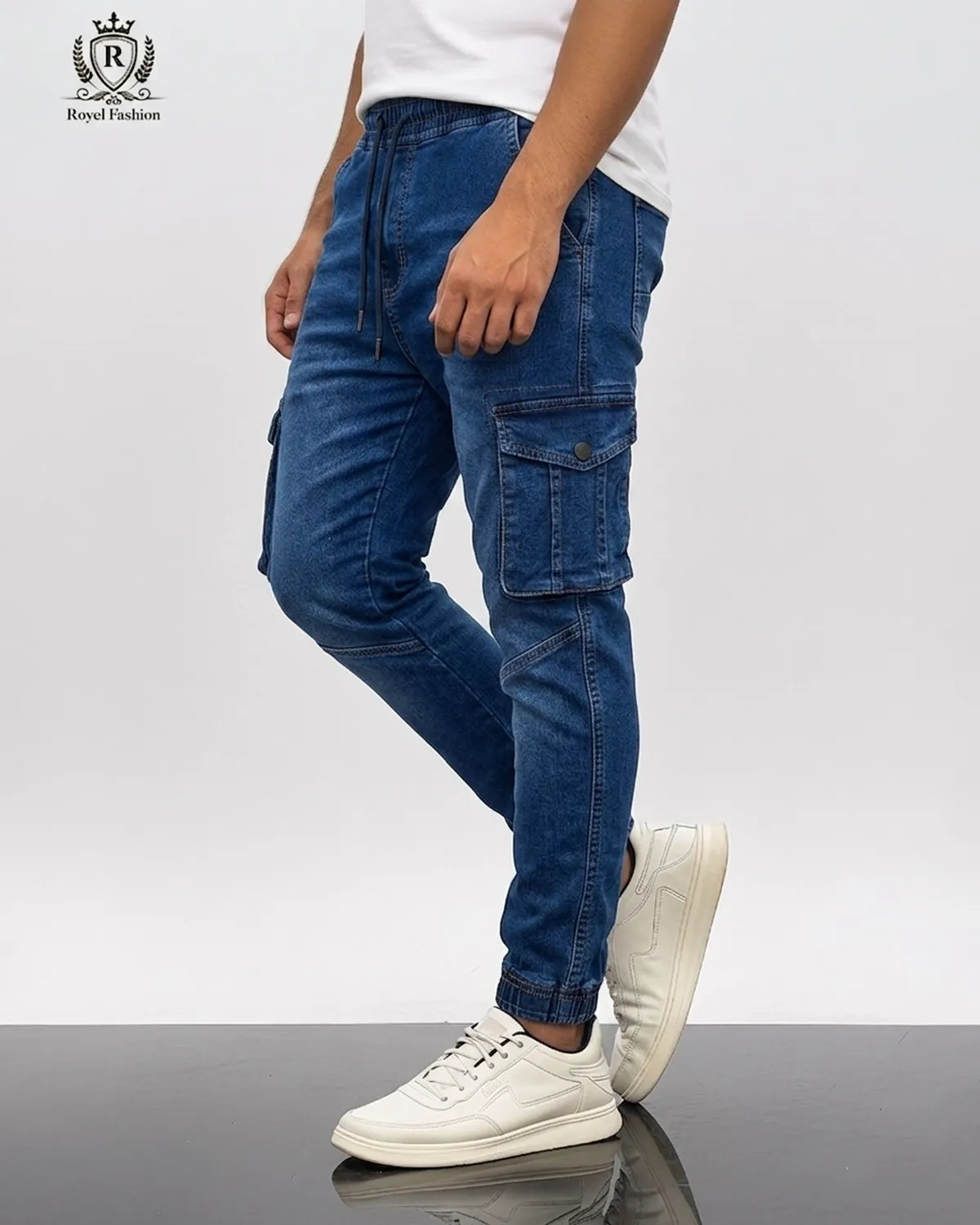 Men’s Premium Knit Denim Cargo Joggers Pant deep blue
