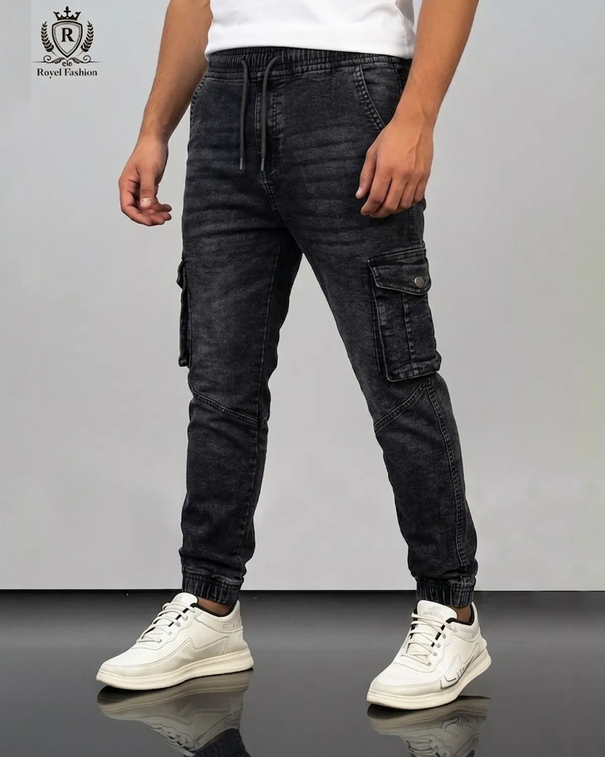 Men’s Premium Knit Denim Cargo Joggers Pant light black