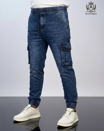 Men’s Premium Knit Denim Cargo Joggers Pant light blue